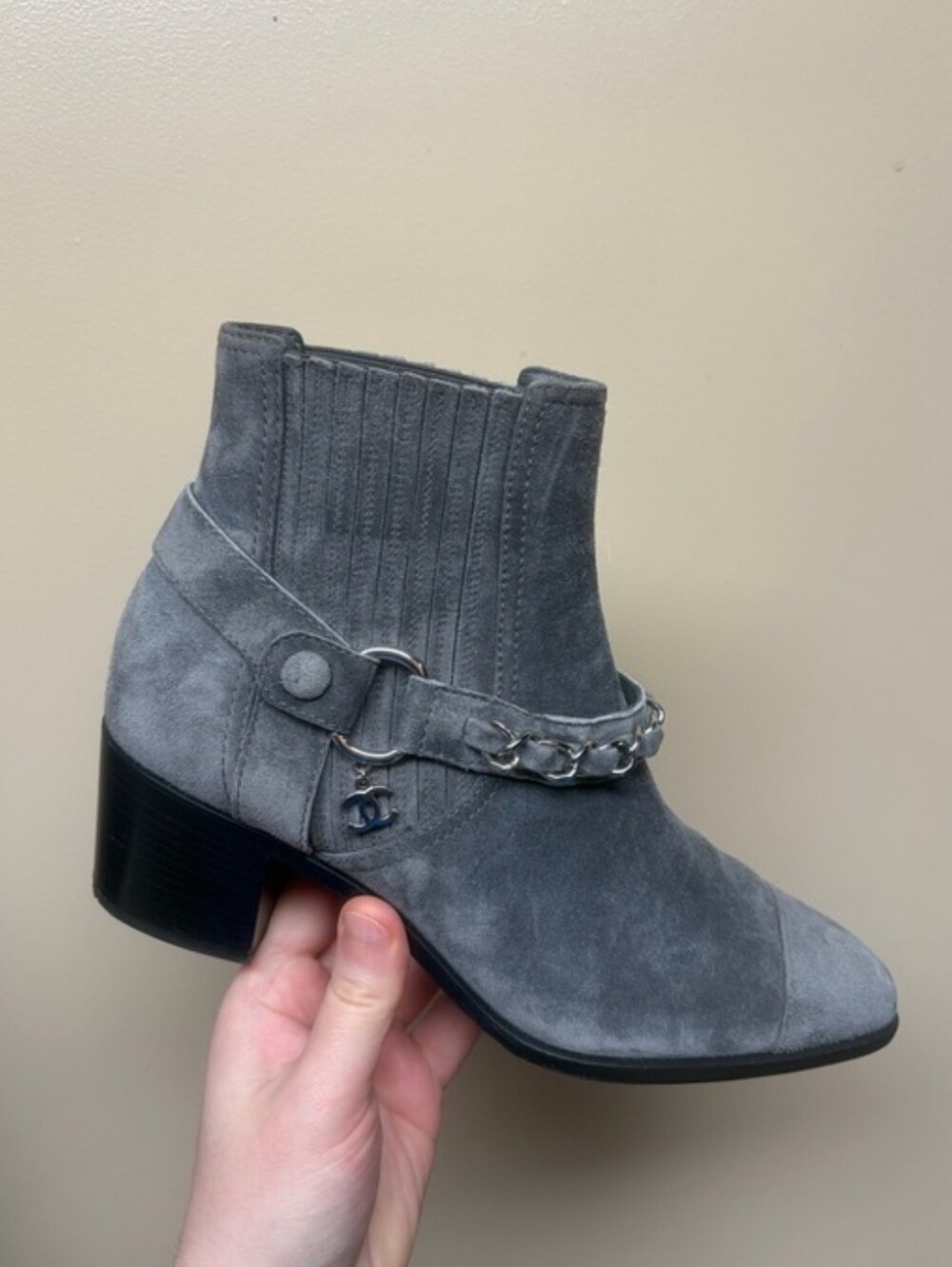 CHANEL Gray Suede Chain-Trim Ankle Boots